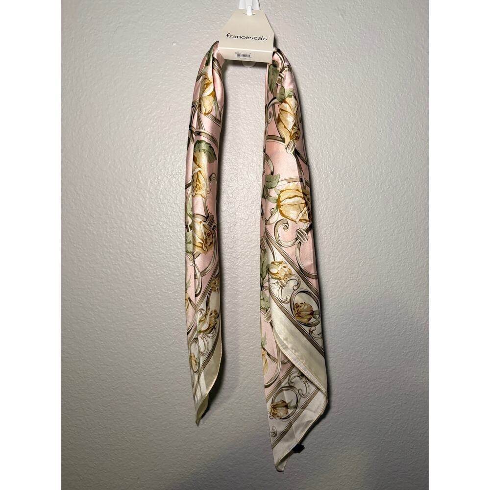 Francescas NWT English Flo Silk Like Pink Gold Rose Floral Head Neck Scarf Hat